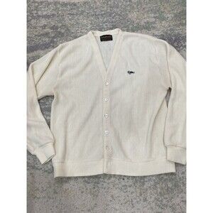 Vintage 60s 70s Sweater Mens L Turtle Logo Challenger Cream Rockabilly Cardigan